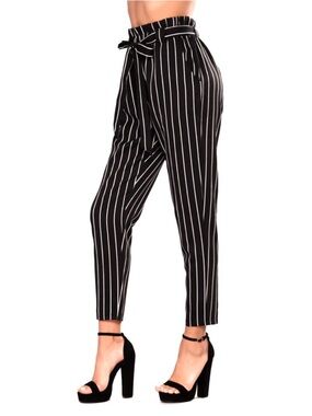 Joe B by Joe Benbasset Black White  Pinstripe Paperbag Stretchy Pants with Belt